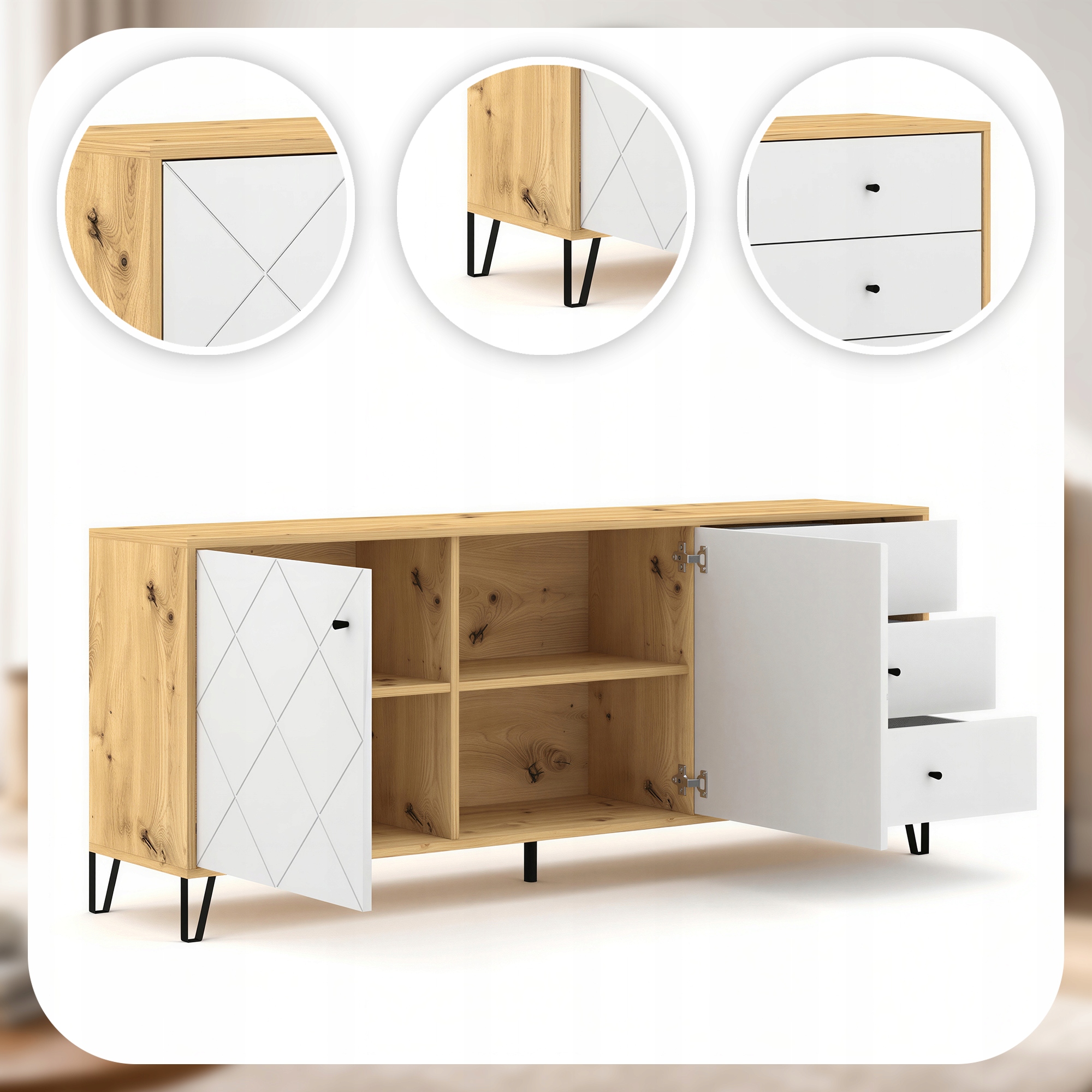 Malá komoda s zásuvkami Bílý dub Artisan Loft do obývacího pokoje Ložnice Bacardi