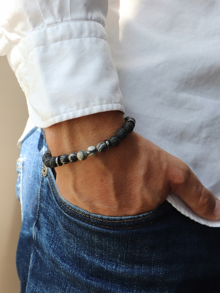 Pánský náramek – jaspis, vulkanická láva, hematit 18 cm