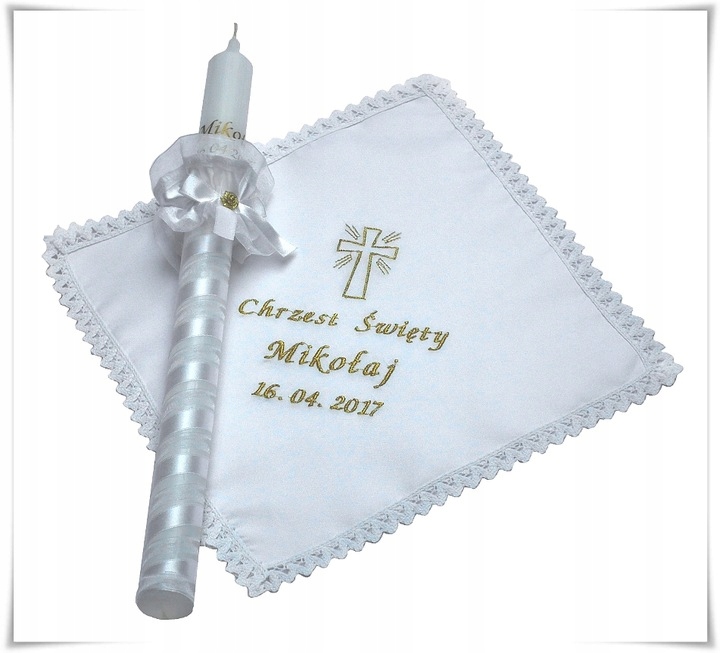 

Szatka i Świeca Do Chrztu imię data Haft