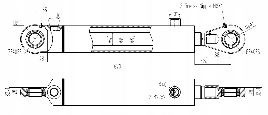 Siłownik cylinder dwustronny wysuw 320 mm Numer katalogowy części 80x45x320-670D