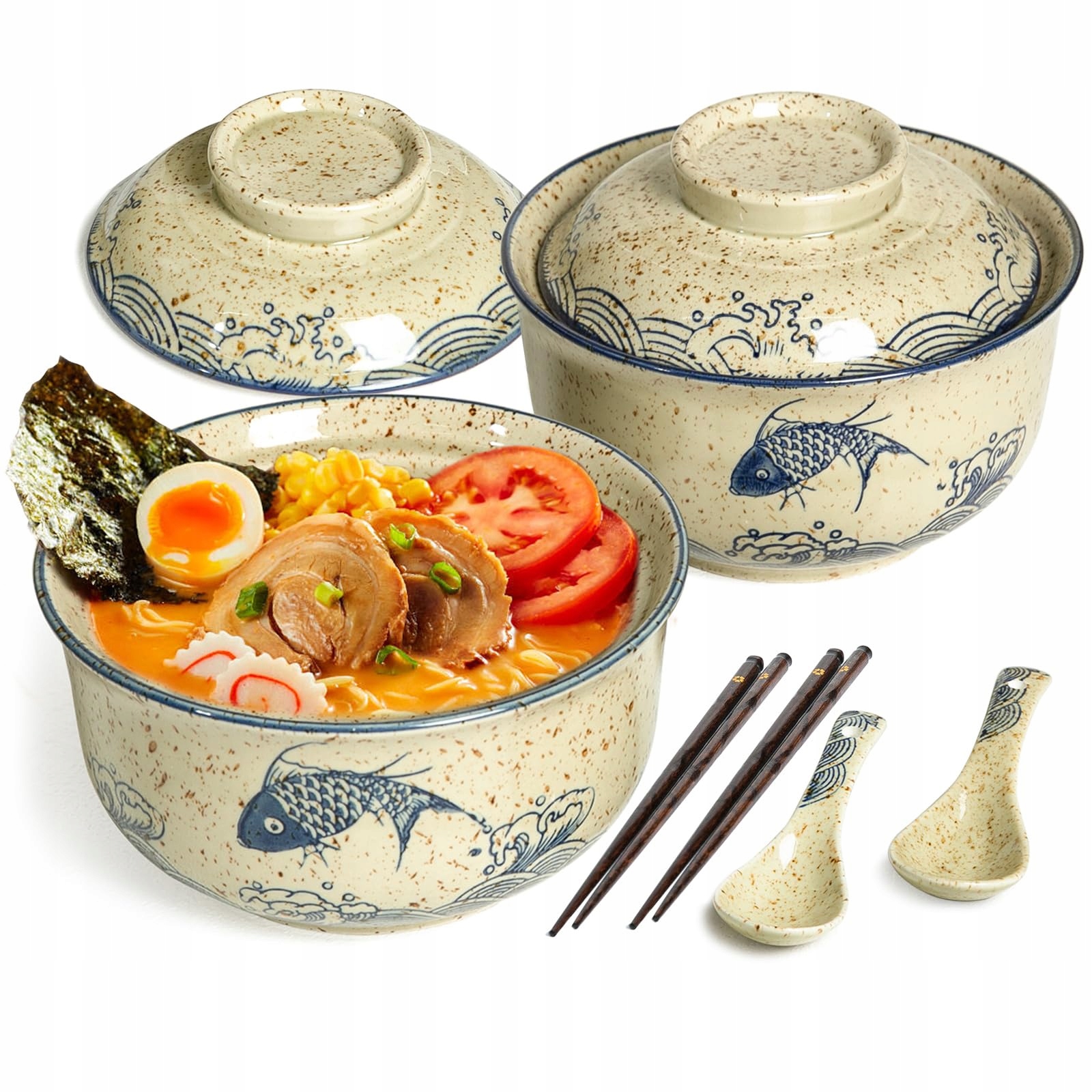 Misky na servírování ramen, 2 kusy keramické s víčky a příbory