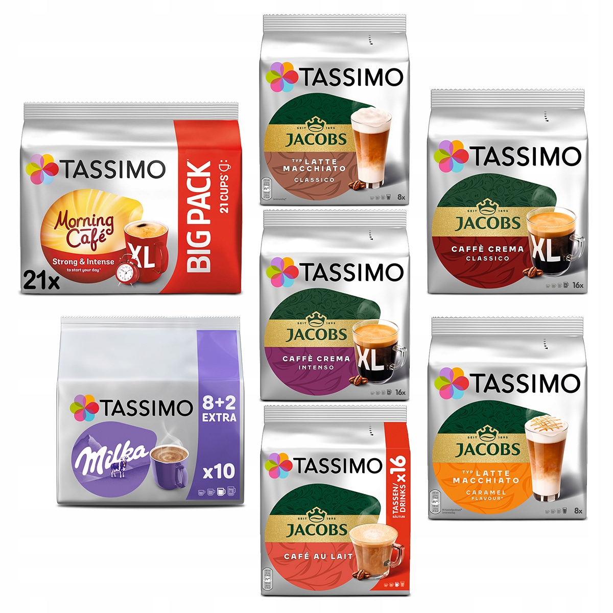Kapsułki Tassimo Jacobs zestaw kaw czarnych, białych 6+1 opakowanie Gratis!