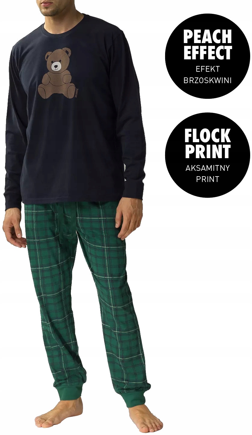 Atlantic Pánské Pyžamo NMP377 Dlouhý Rukáv S Medvídkem Dlouhé Kalhoty Kostka XL
