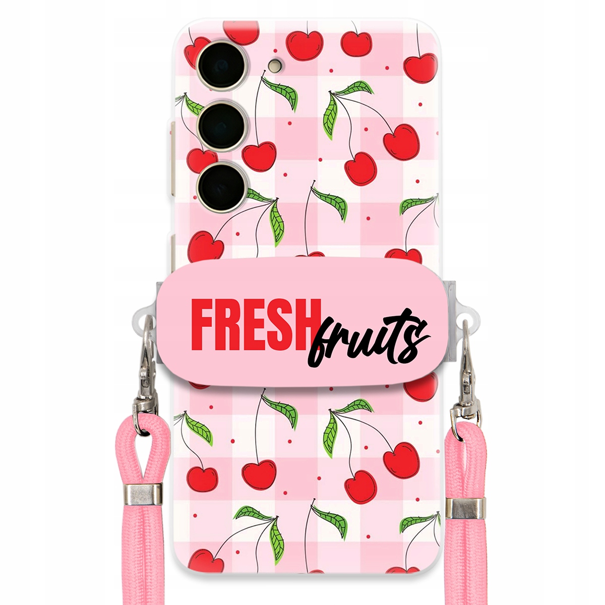 Pouzdro pro Samsung S24 Case Držák Šňůrka Růžová Fresh Fruits Mřížka Ovoce