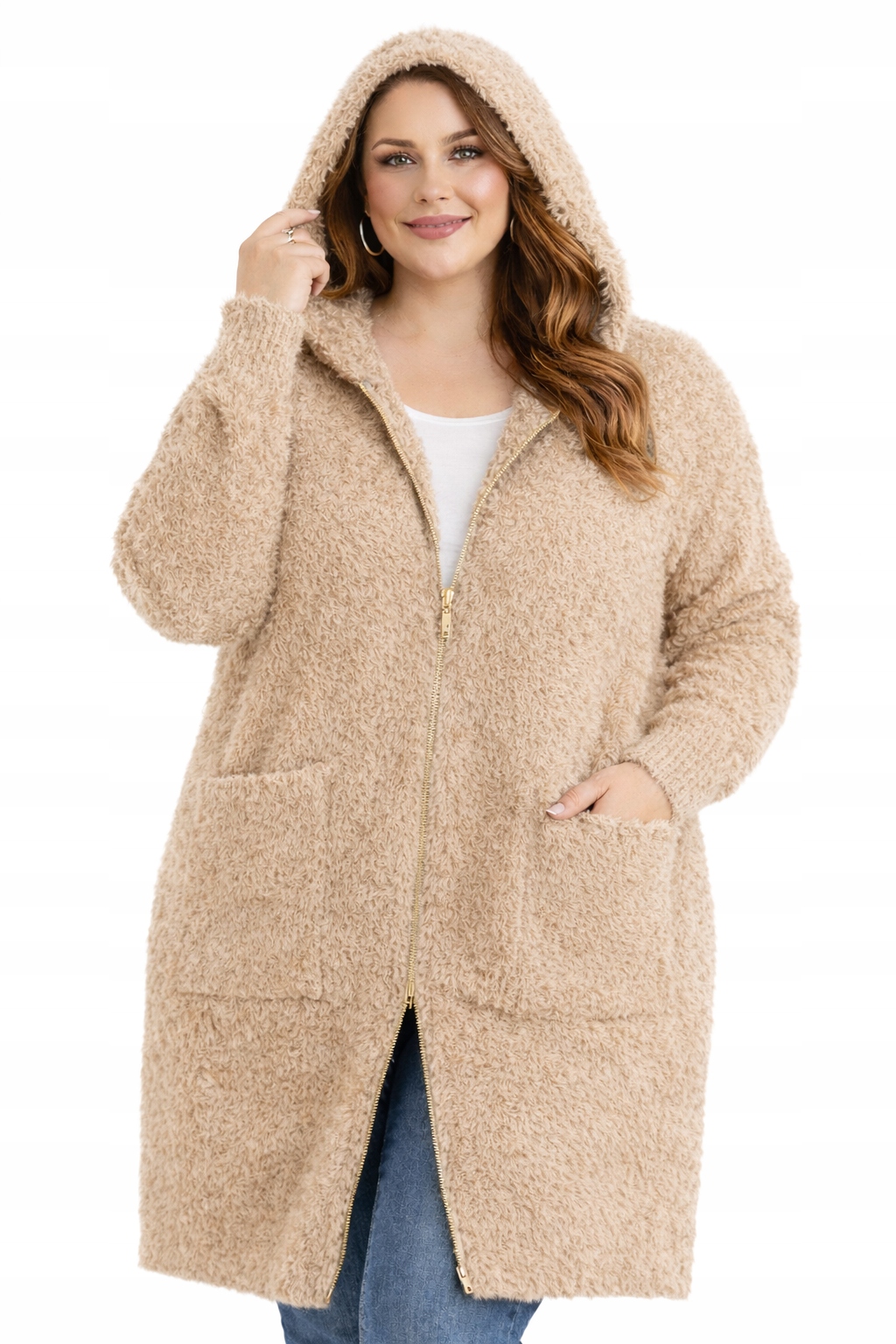 Svetr kardigan rozepínací dlouhý alpaka kapuce zlatý zip teplý 50 52 5XL