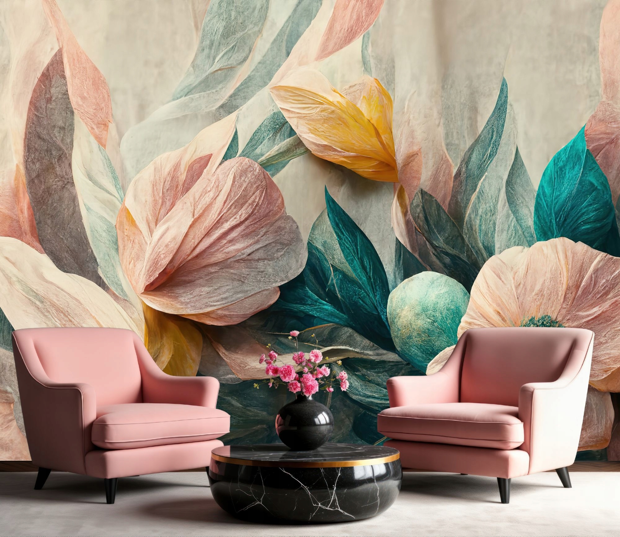 Tapeta Fototapeta Premium Kvety Pudrová Ruža Tyrkysová Zelená Stena 300x250