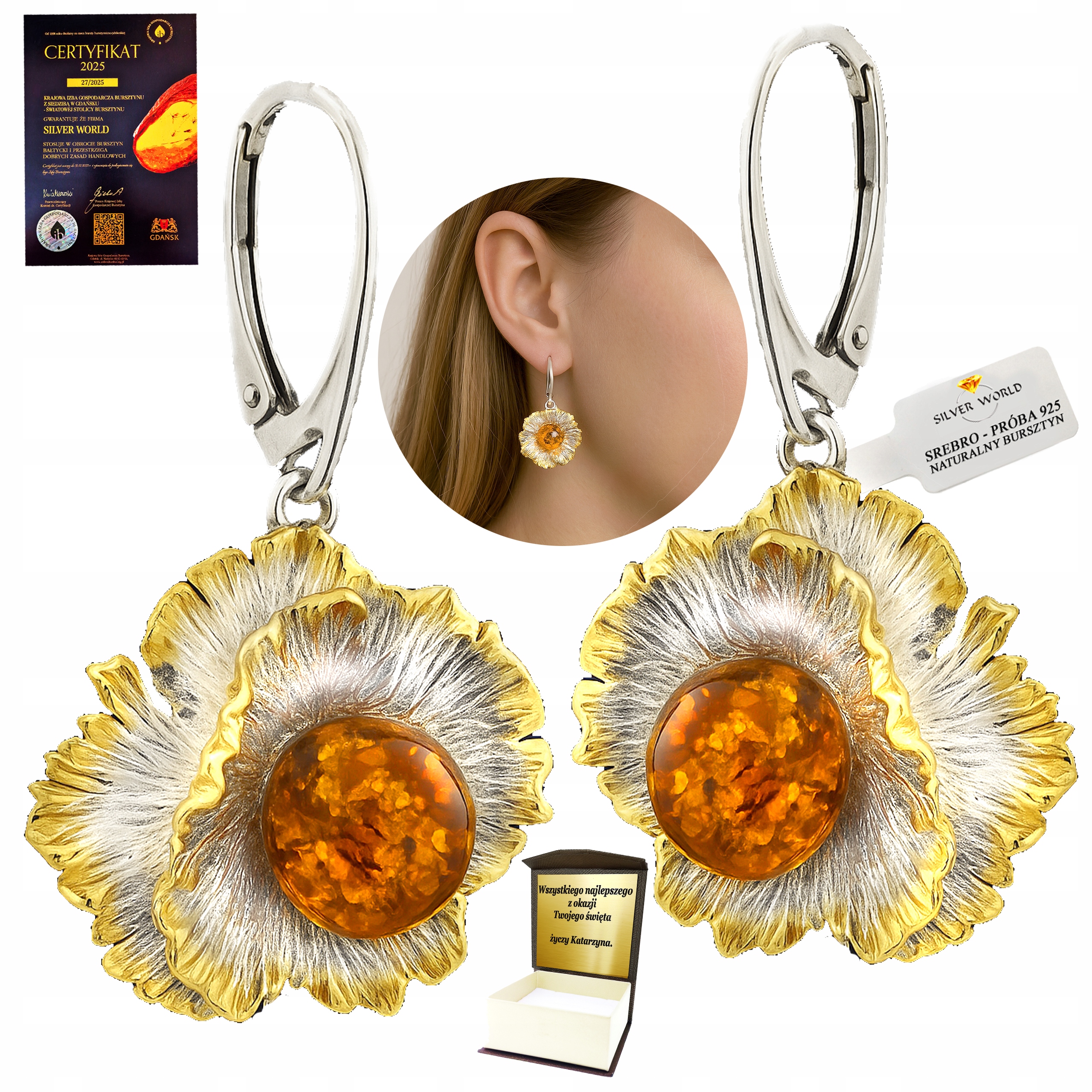 Stříbrné Náušnice S Jantarem, Závěsné, Umělecké Květiny Jako Dárek Gravírování