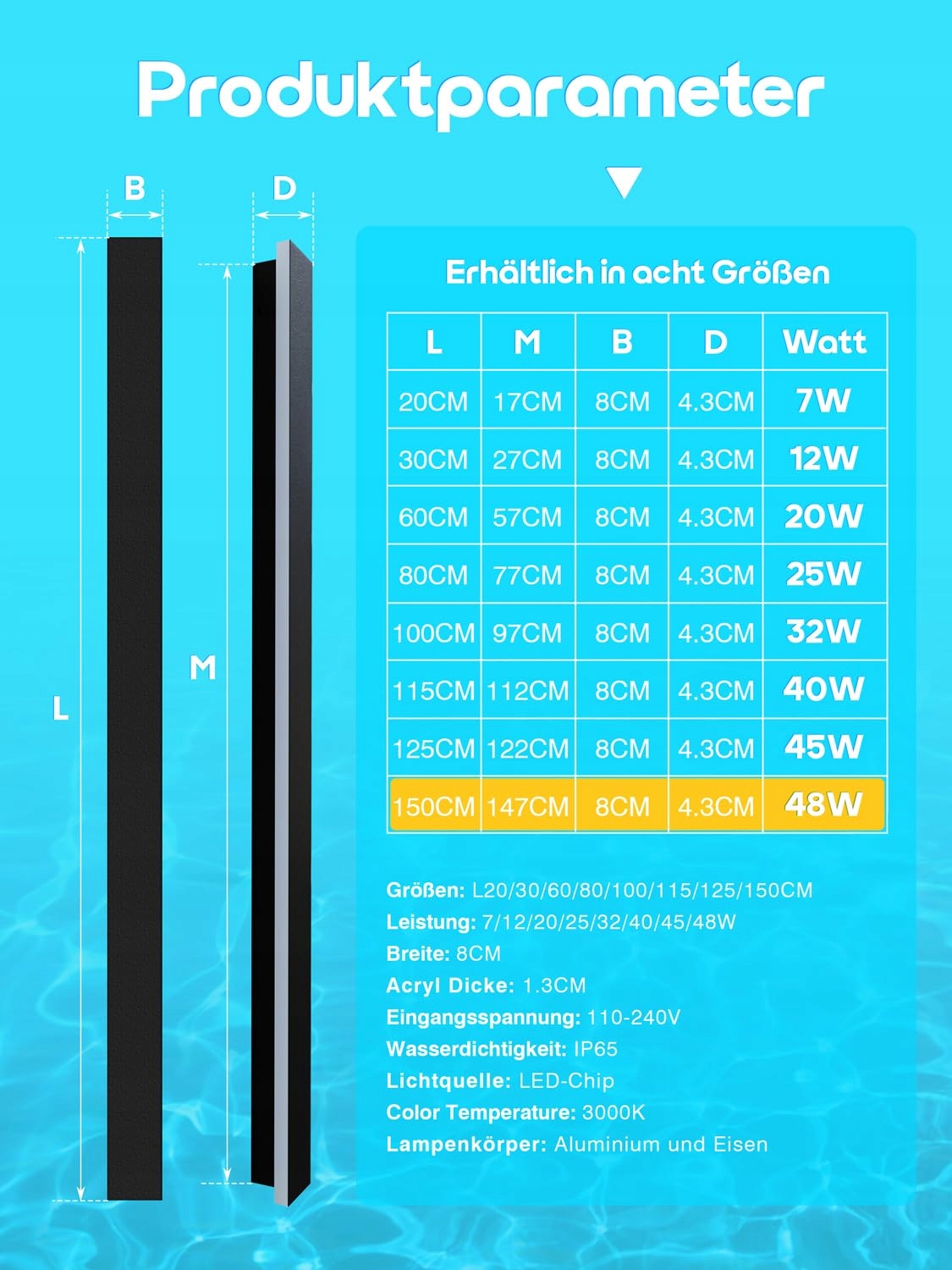 LANGE Czarna Wodoodporna Lampa Ścienna LED IP65 150cm 48W Ciepłe Światło — miniatura 7