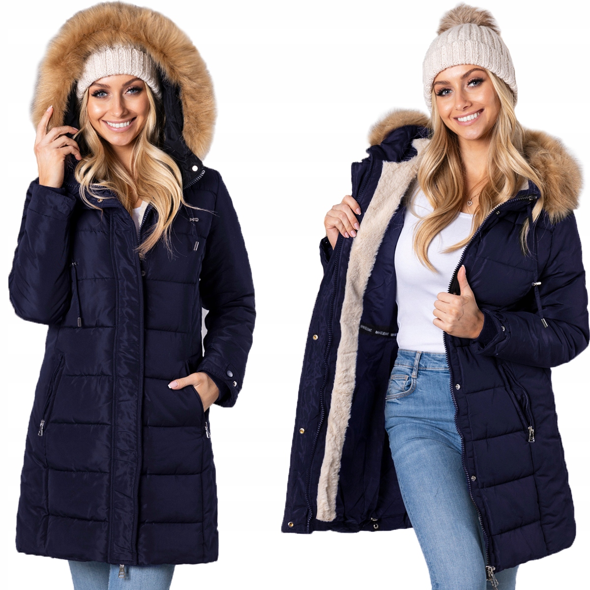 Dlouhá teplá Zimní Bunda Kapuce s kožešinovou bundou L