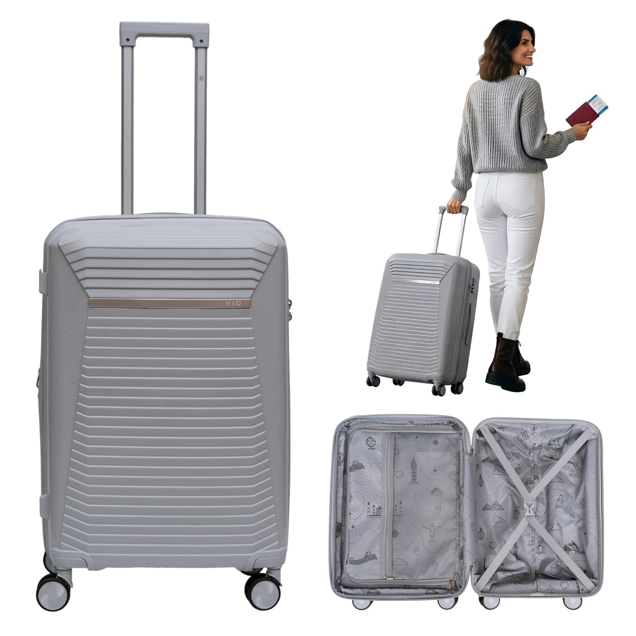 Střední cestovní kufr světle šedý 67L 3,5 kg Tsa zámek polypropylenový