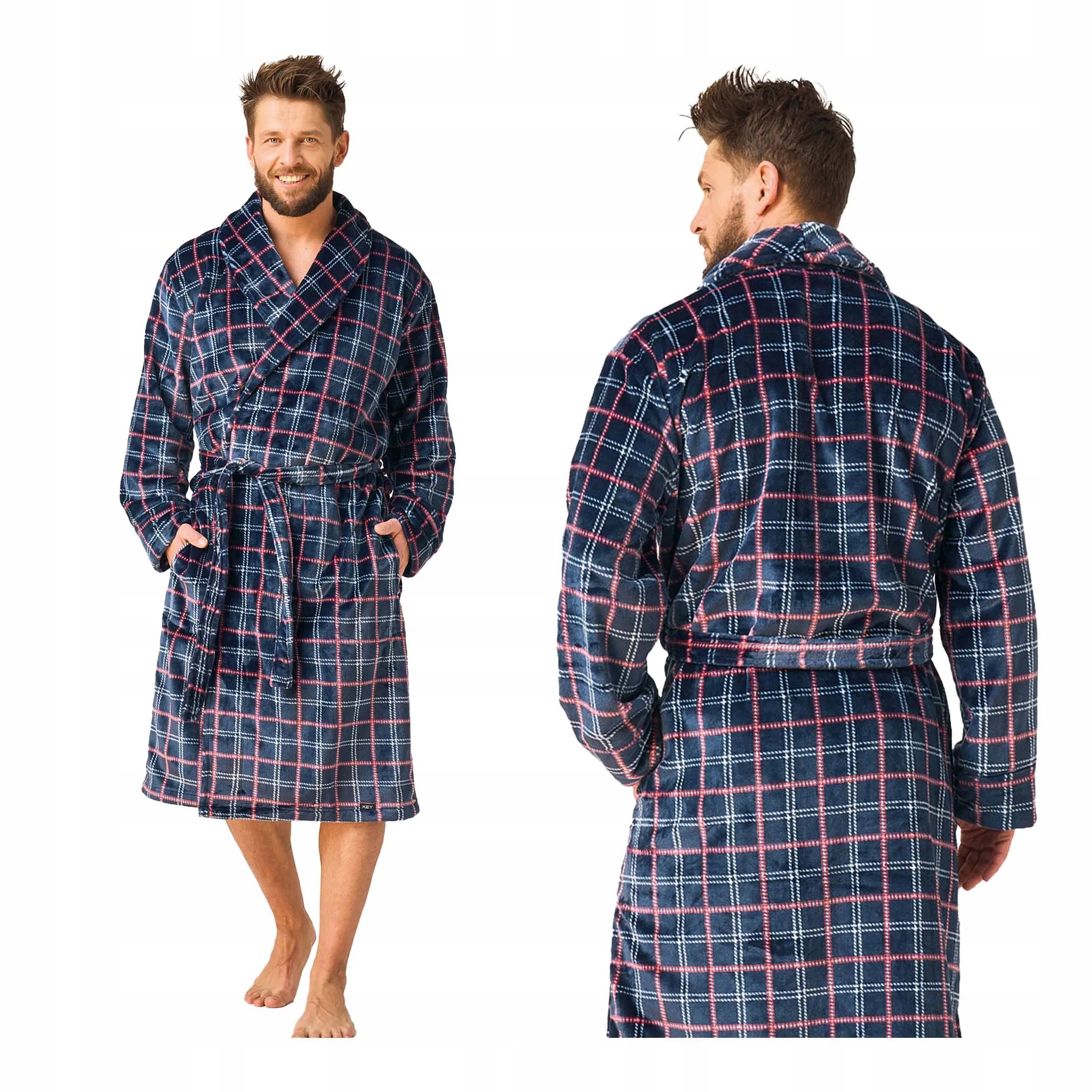 Pánský teplý, silný fleecový dlouhý kostkovaný župan elegantní Key XL/XXL