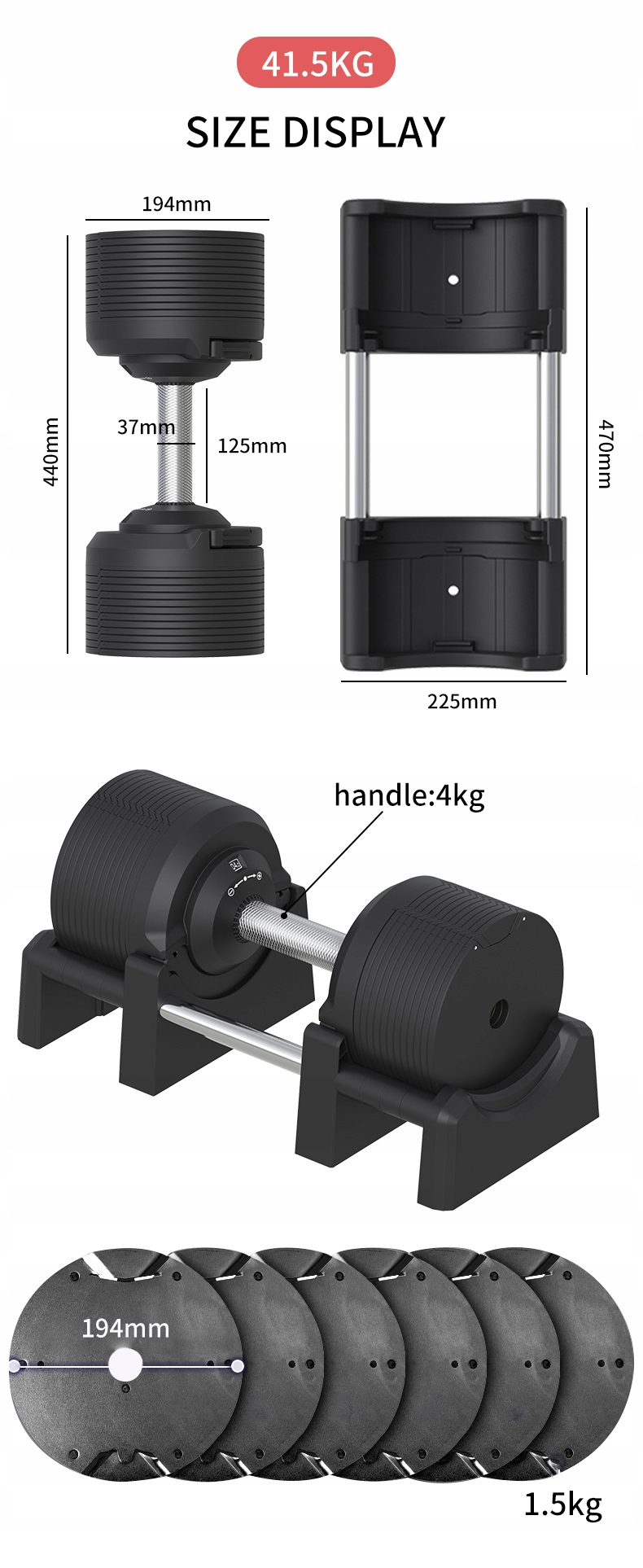 Hantla regulowana 41,5kg Sztangielka regulacja co 1,5kg Czarny mat Waga 1x 42 kg