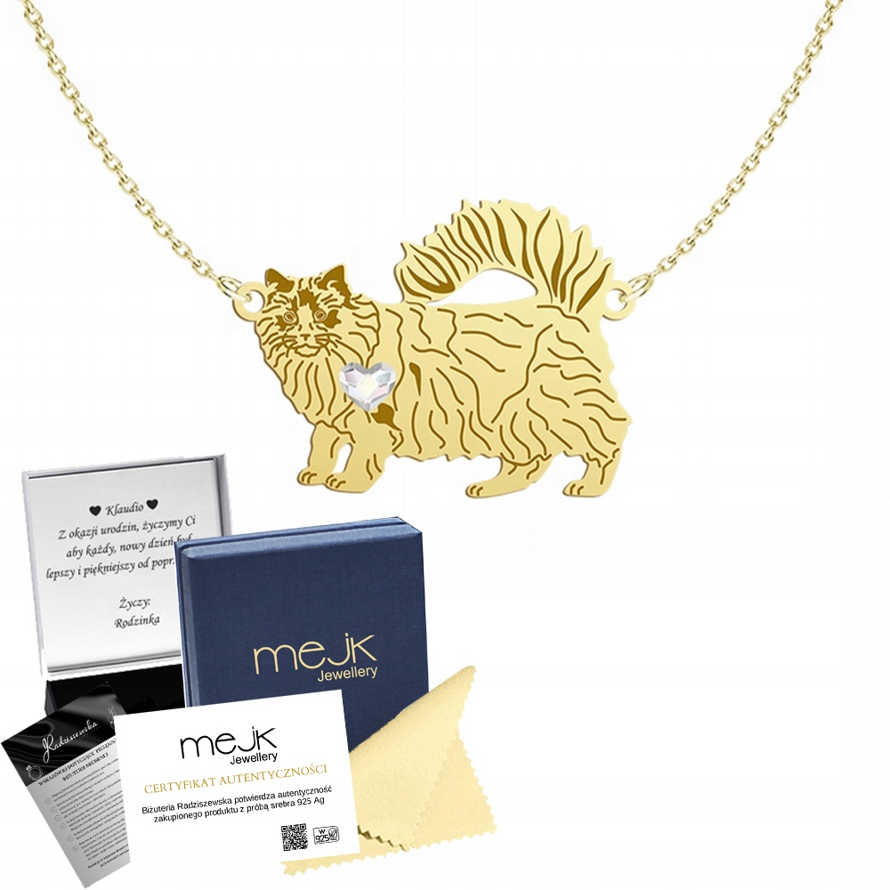 Zlatý náhrdelník s Ragdoll Cat 925 Dárek Řetízek pro ženu Gravírování