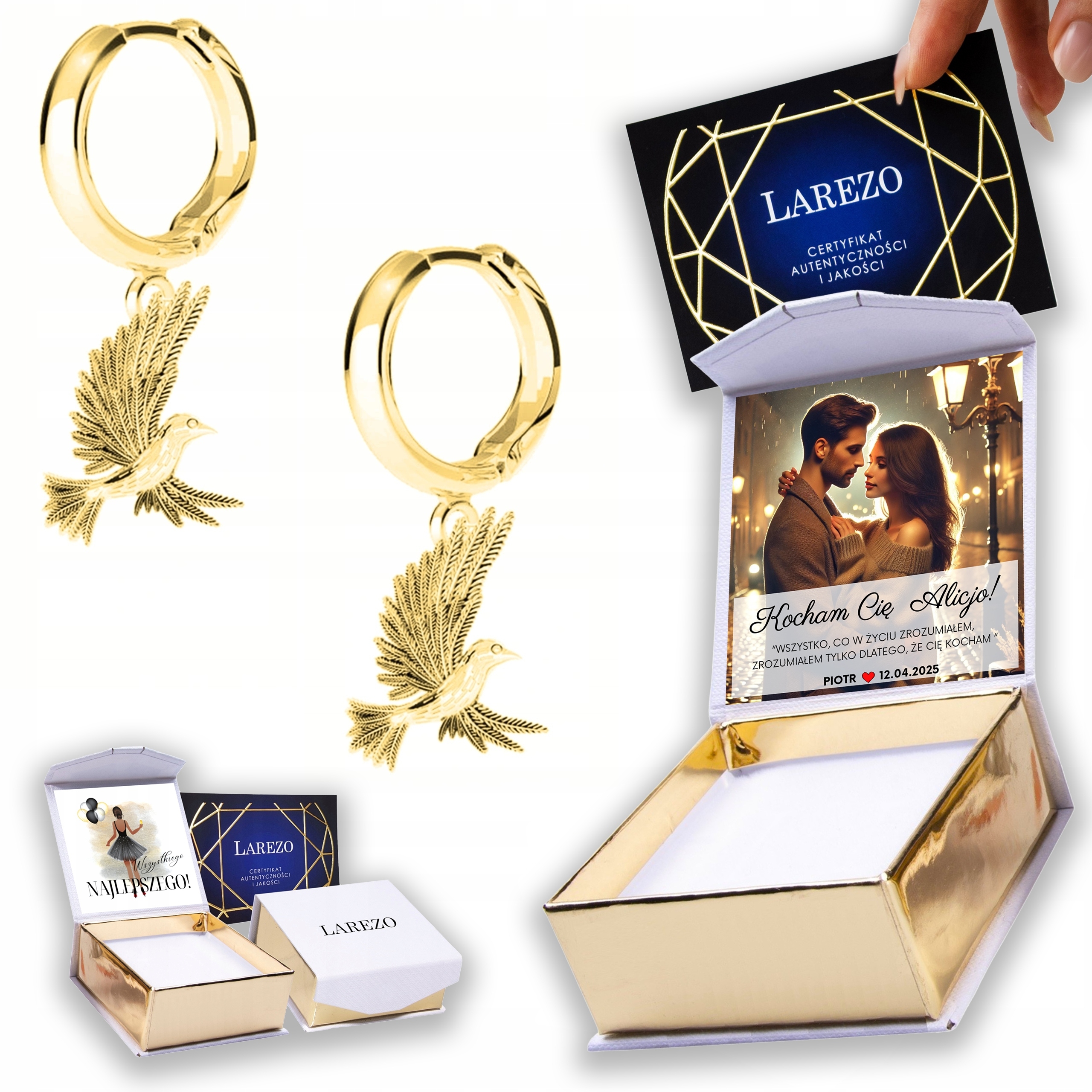 Zlaté Náušnice 925 s ptákem Kolibříkem Bird Pták Kolibřík Potisk