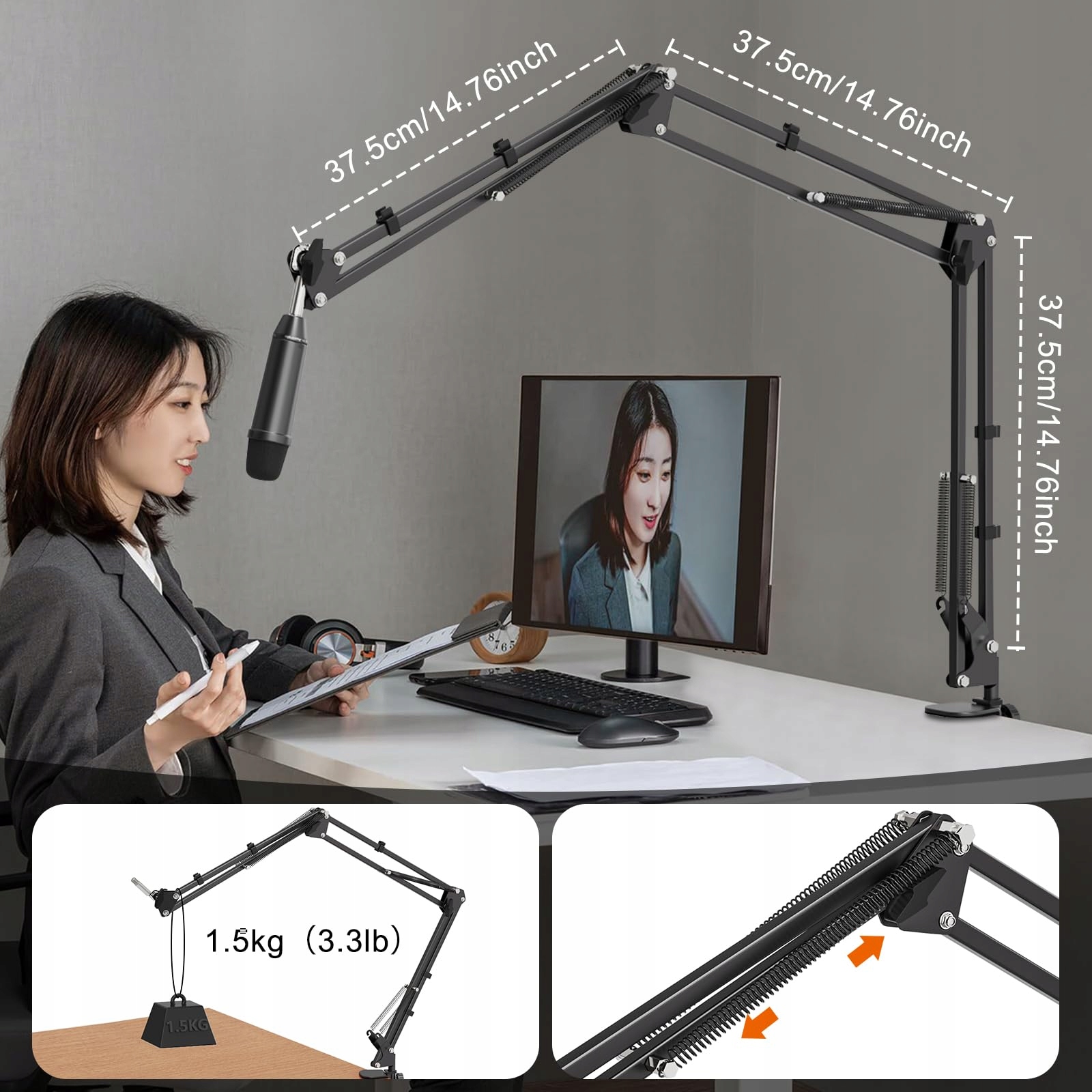 JUBOR Statyw Mikrofonowy Boom Arm Regulowany Uchwyt do Mikrofonu z Klamrą — miniatura 5