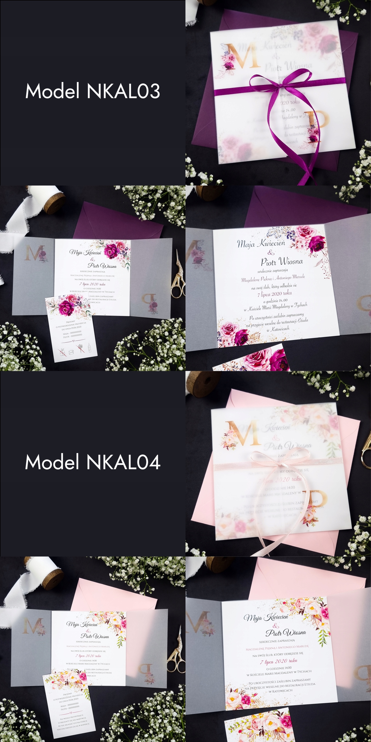 ZAPROSZENIA ŚLUBNE NA ŚLUB Z KALKĄ GLAMOUR - 2 SZT Zdobienie brak