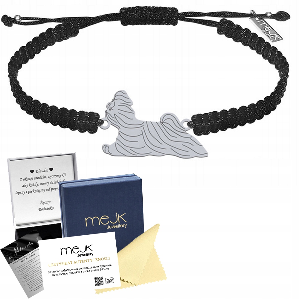 Stříbrný náramek s Shih Tzu 925 Dárek Makramé Šperky Gravírování Bonus