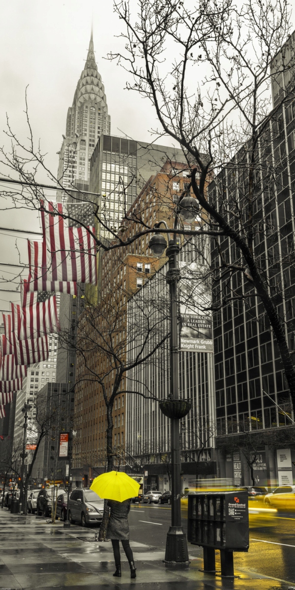 Plakát 50x100 cm Žena se žlutým deštníkem na ulici New Yorku, Assaf Fra