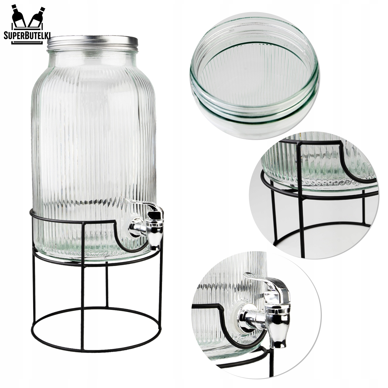 SŁÓJ z KRANIKIEM na STOJAKU 6L na LEMONIADĘ SOK DYSTRYBUTOR WODY RYFLOWANY Kolor czarny przezroczysty