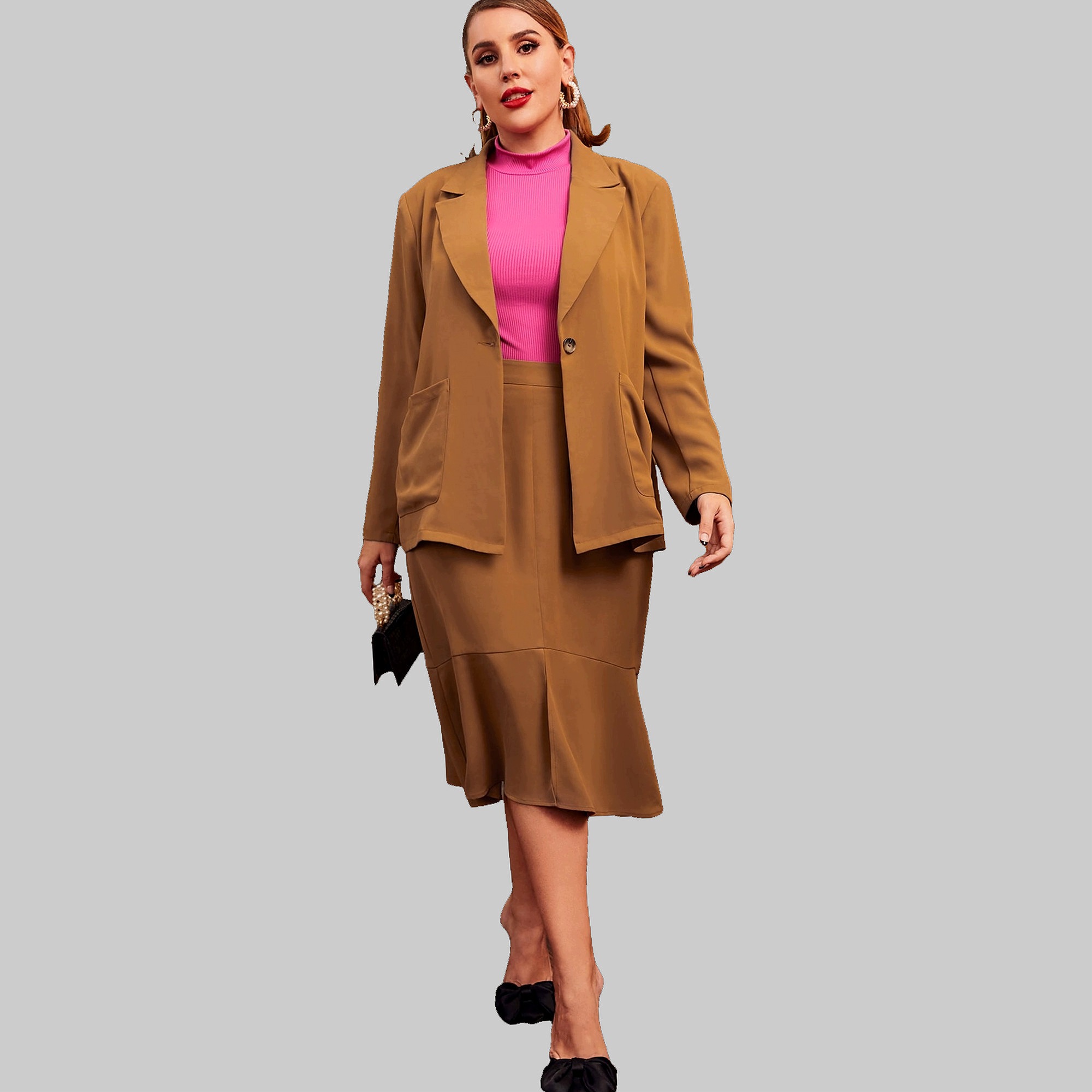 Dámský Oblek Elegantní Hnědý Sako Sukně Midi Shein 4XL
