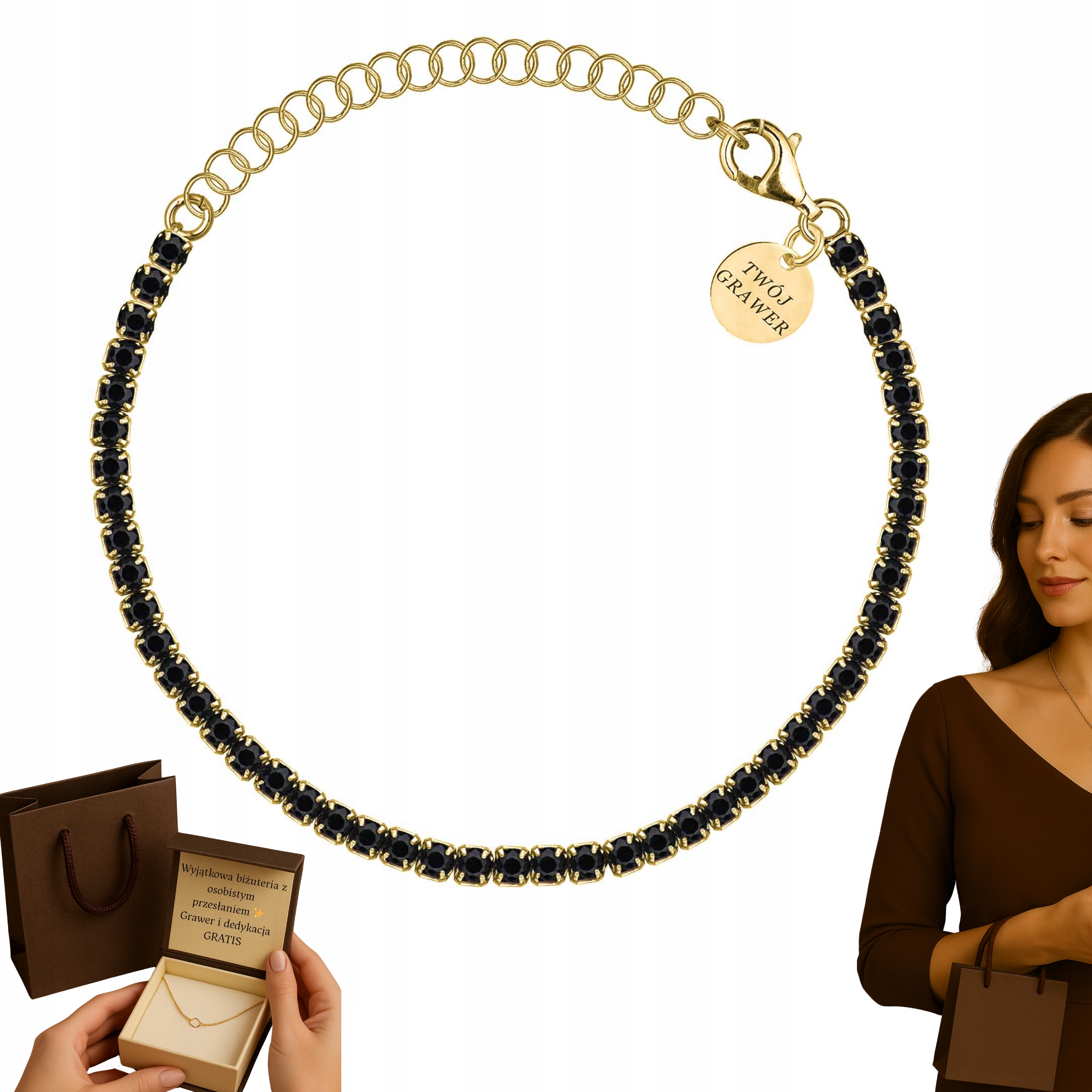 Dámský zlatý náramek s černými Zirkony PR.585 gravírování Gravírování Dárek