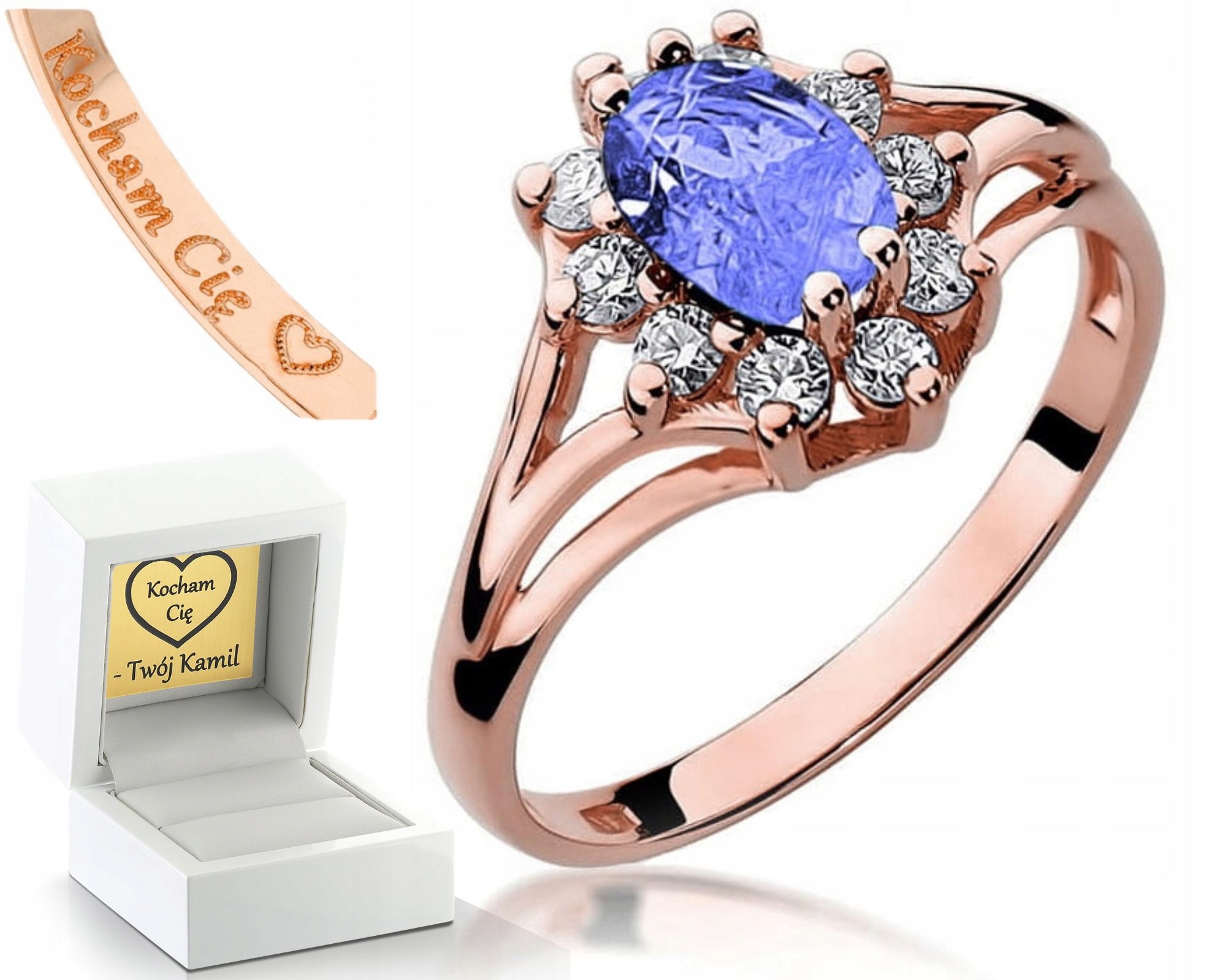 Zlatý Prstýnek Prsten S Tanzanitem, Diamanty, Růžové Zlato, Gravírování 585