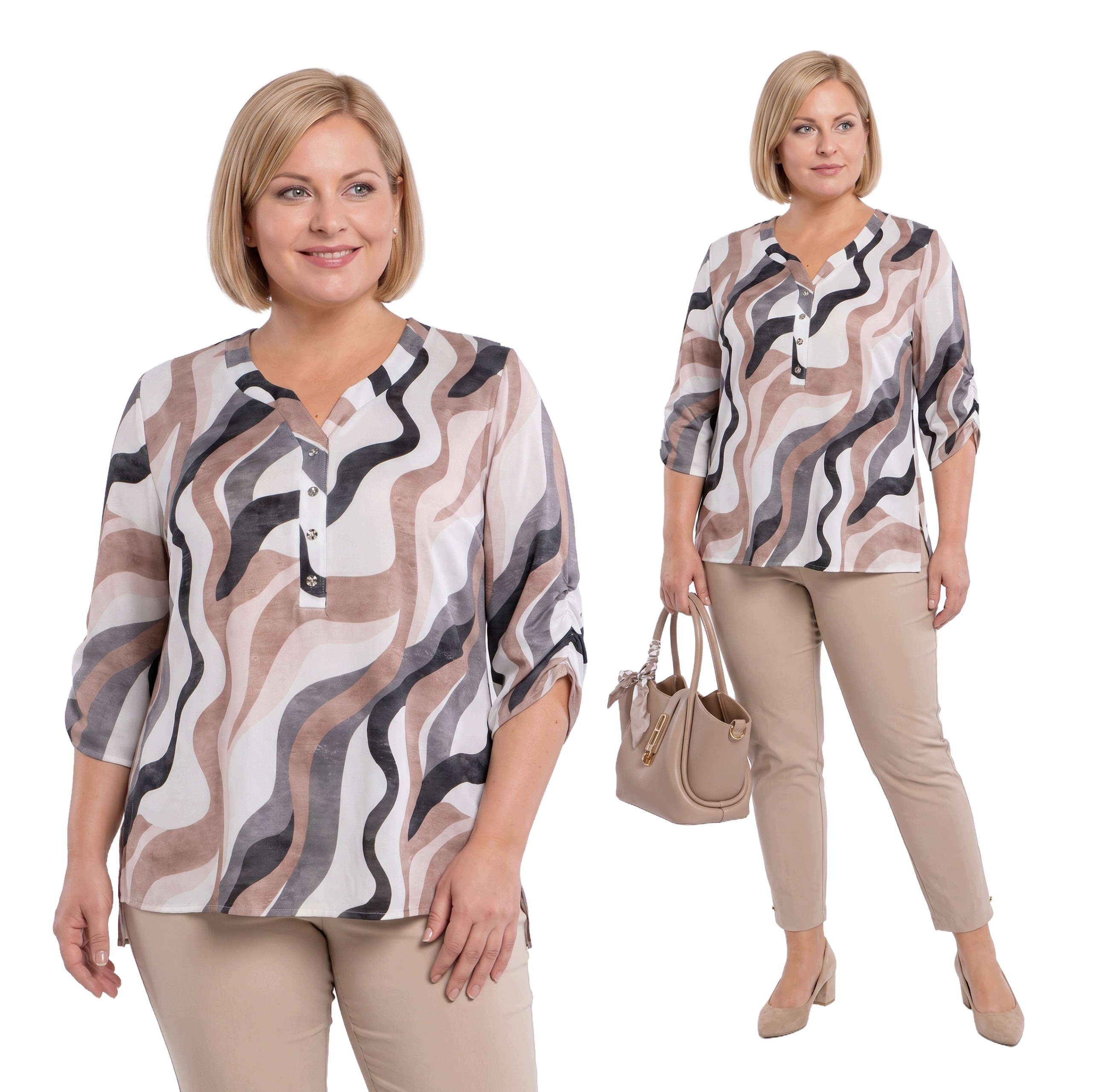 Bílá béžovo-šedá halenka s plus size vzory velikost 56