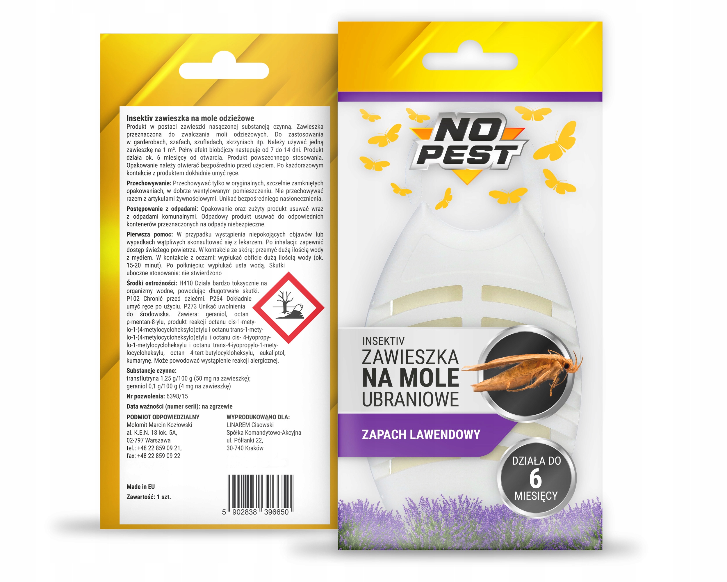 LAWENDOWA ZAWIESZKA ŚRODEK NA MOLE UBRANIOWE ODZIEŻOWE NO PEST (5 SZT) Zastosowanie przeciwko molom