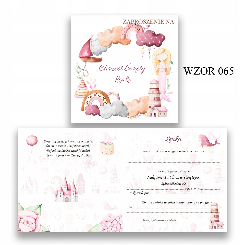 ZAPROSZENIA NA CHRZEST IMIĘ KOPERTA SYRENKA 065 Szerokość produktu 15 cm