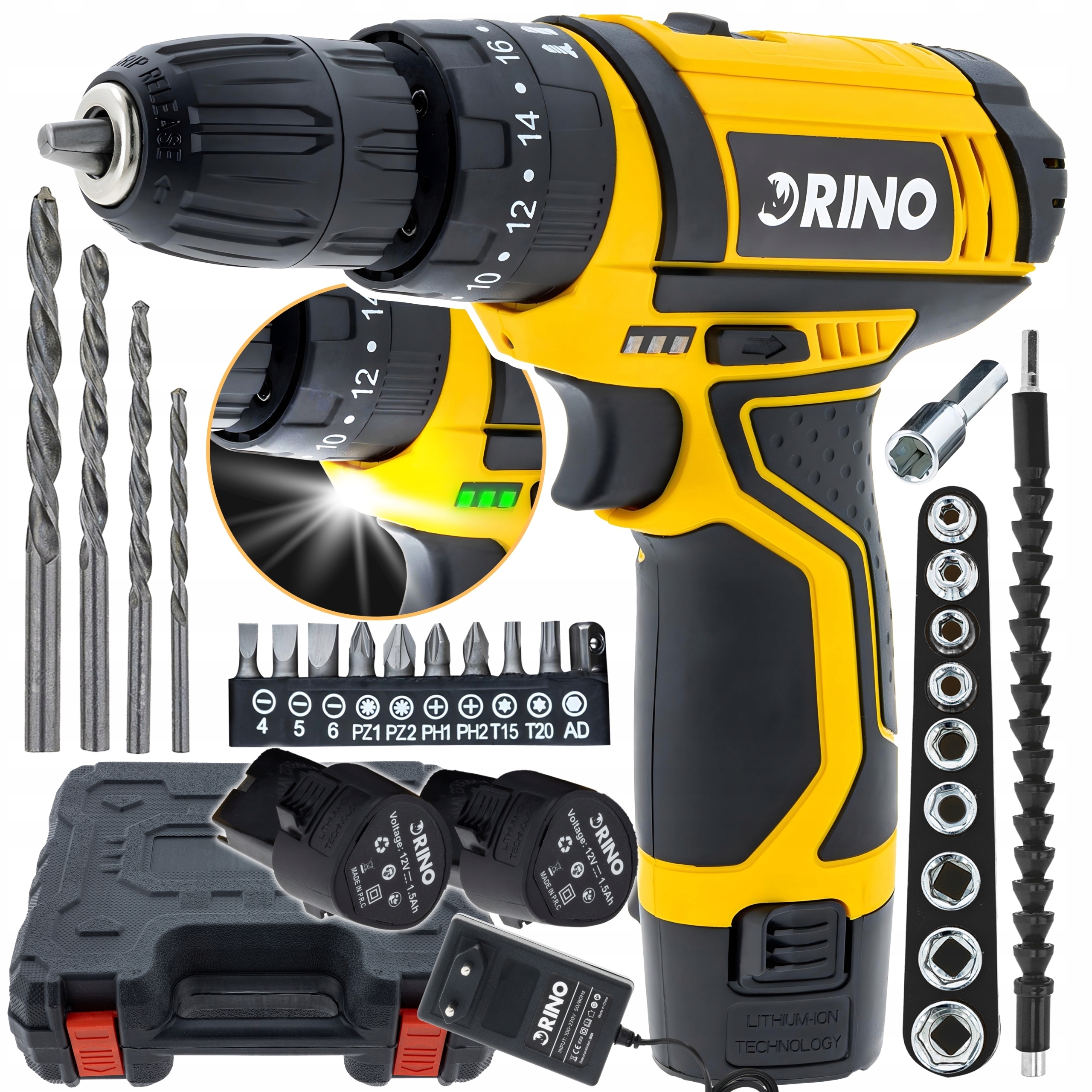 Sada akumulátorového aku vrtačka 12 V 28 ks, funkce příklepu Rino D