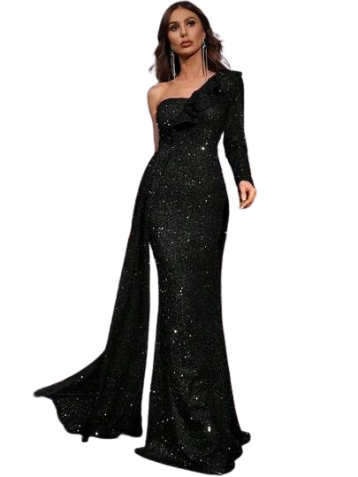 Shein Černé Šaty S Flitry Na Jedno Rameno A Volánem 1DE