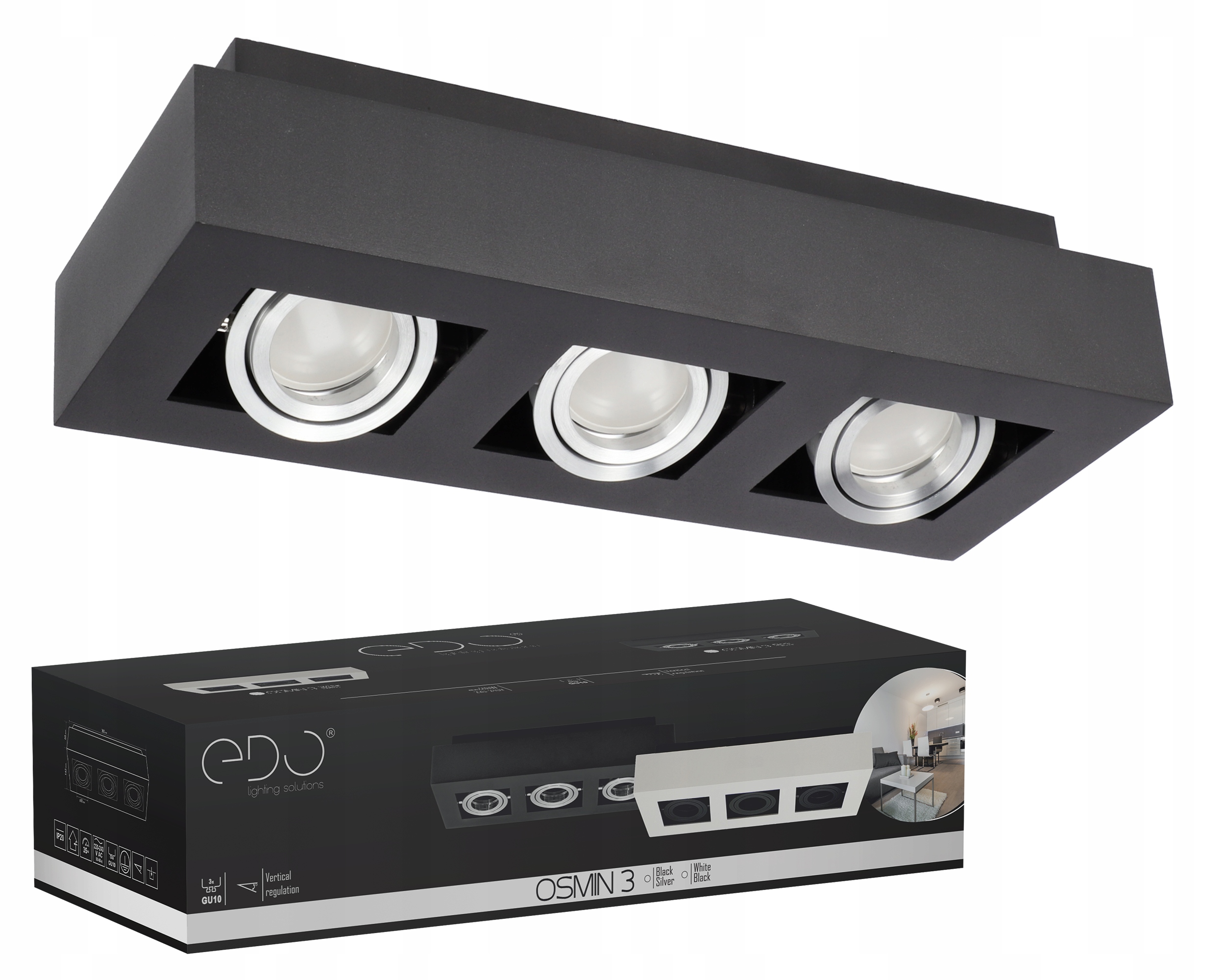 LAMPA SUFITOWA PLAFON LED NATYNKOWY CZARNA 3xGU10 EDO