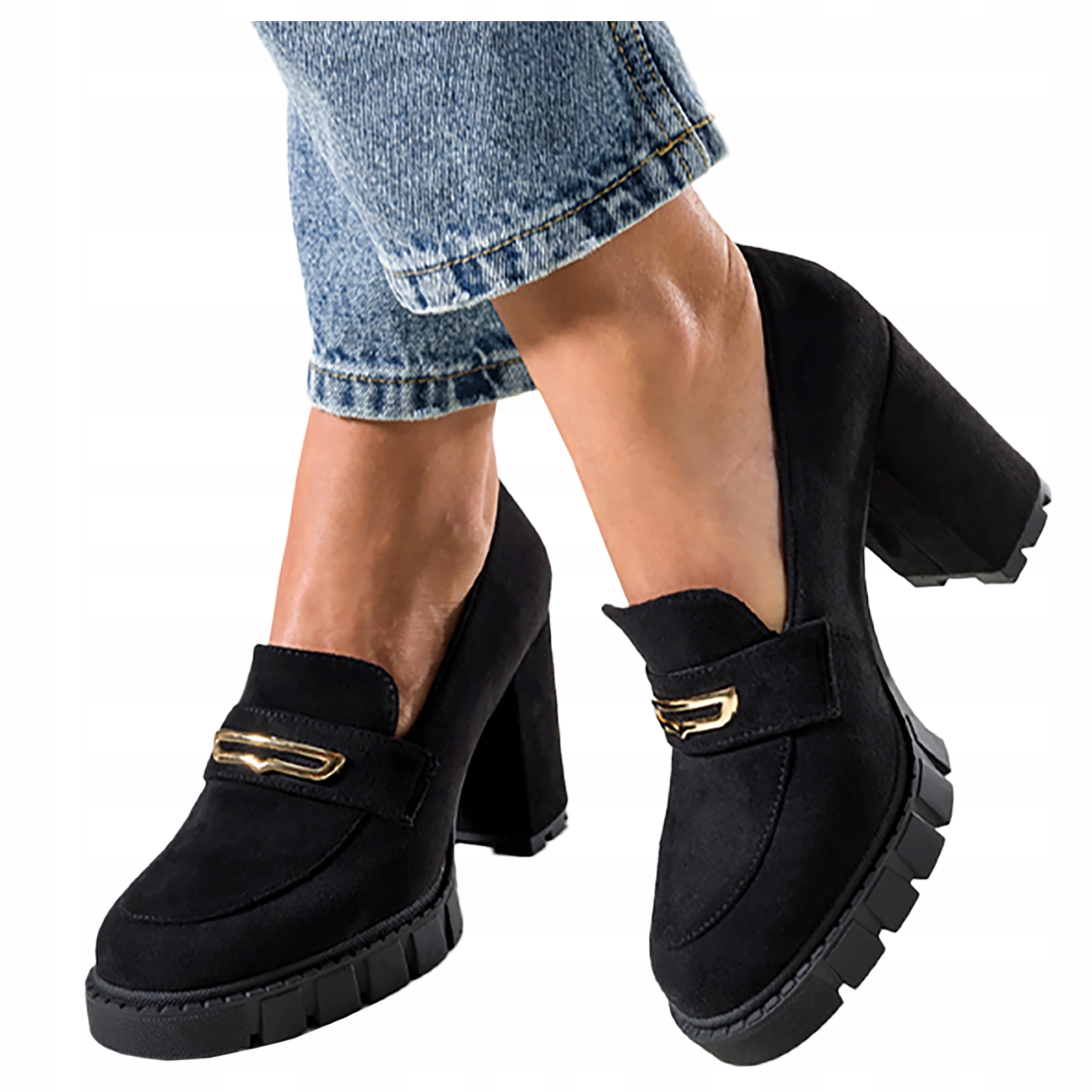 Mokasíny Černé Dámské Polobotky Na Podpatku Zlatá ozdoba Módní Nazouvací vel. 40