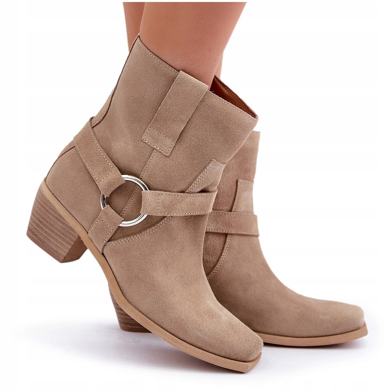 Kotníkové Boty Na Nízkém Semišovém Podpatku Se Zipem A Pásky Zazoo 3444/2 J.béžová 38