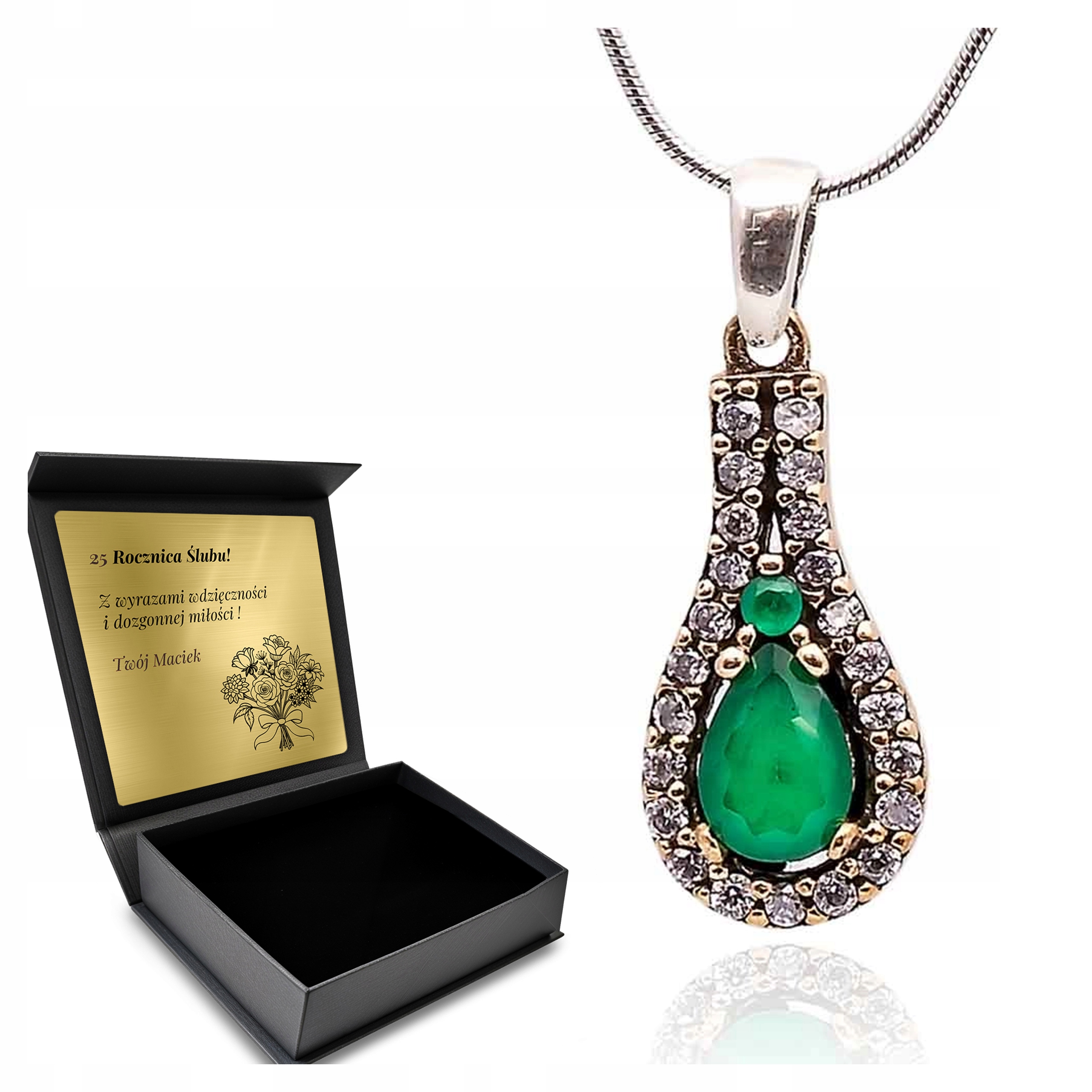 Stříbrný Náhrdelník 925 Zirkony Smaragd Dárek pro ženu Gravírování