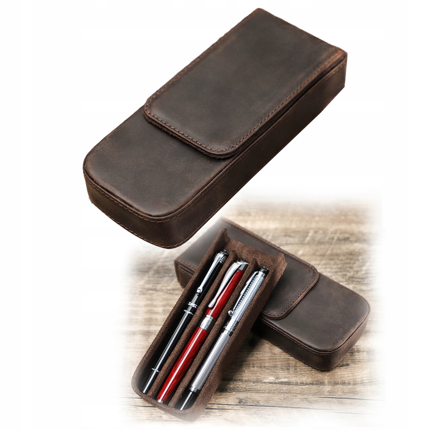 Krásné Pouzdro Pouzdro Obal na Plnicí Pera, 3 Místné, Pravá Kůže