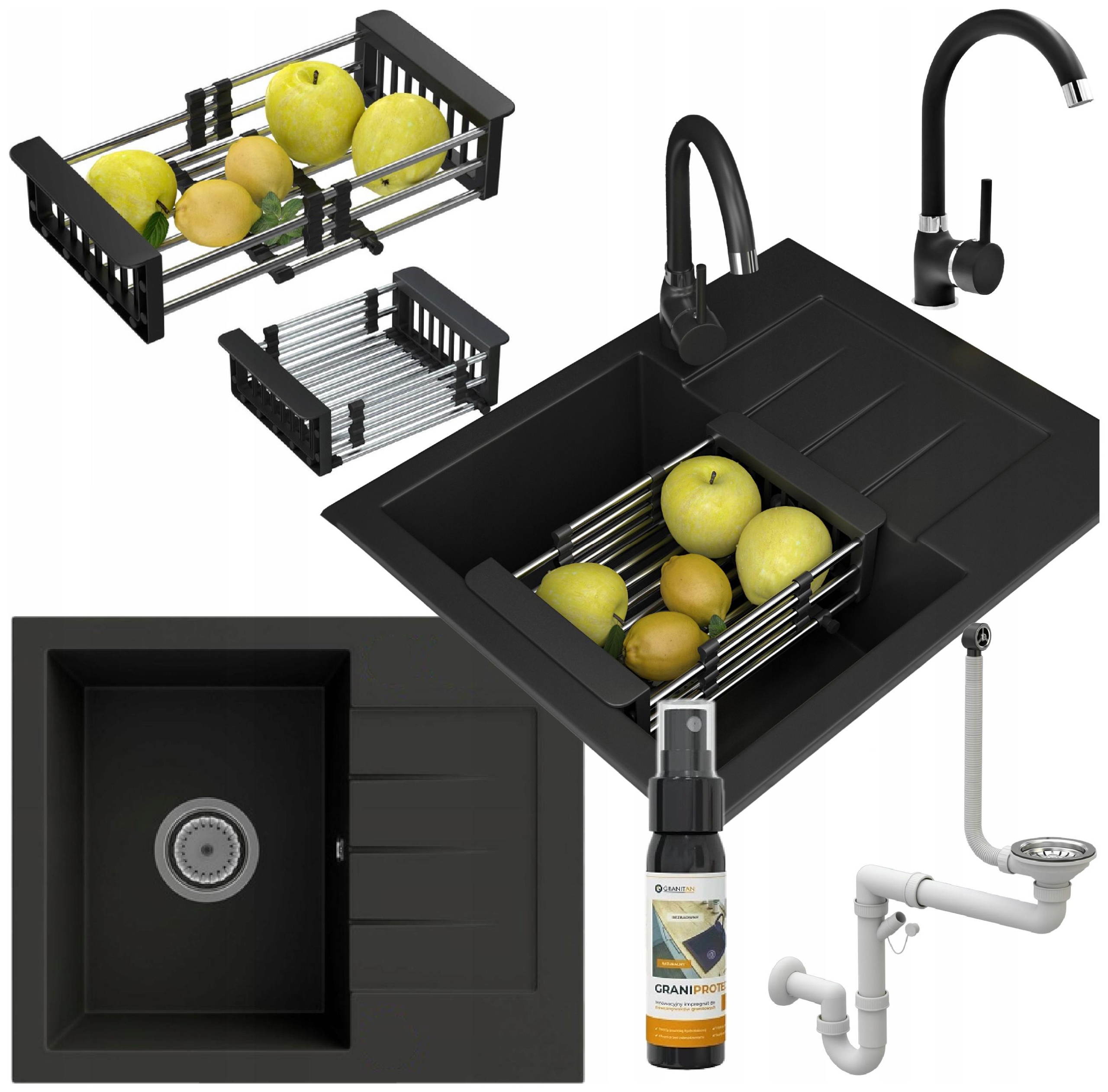 Dřez Jednokomorový granit černý baterie Dřez kuchyně odkapávač Milano