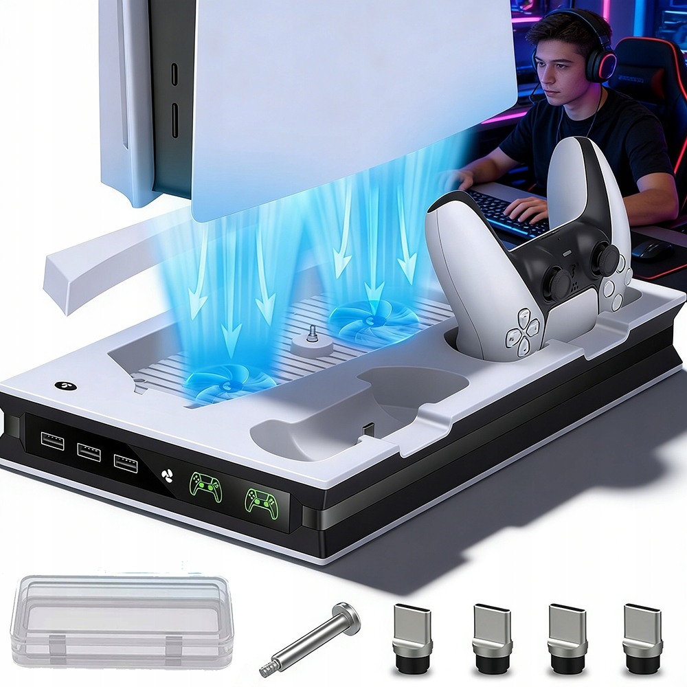 Stojak Chłodzący Do PS5 Z Ładowarką Kontrolerów Wentylatory 3500RPM