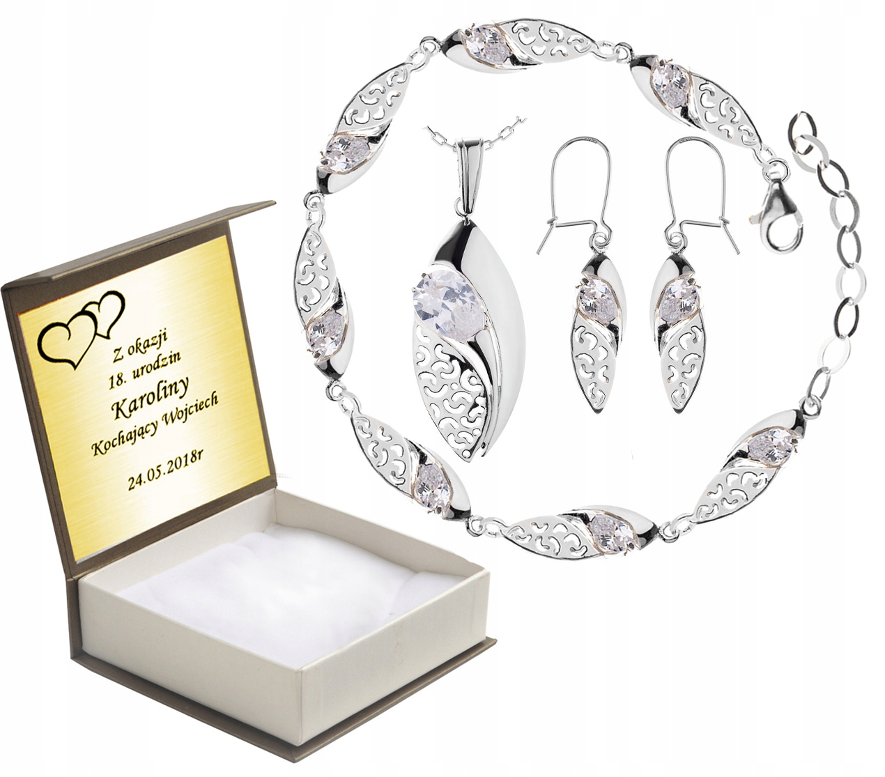 

Komplet Biżuterii Srebrnej Z Cyrkoniami + Grawer
