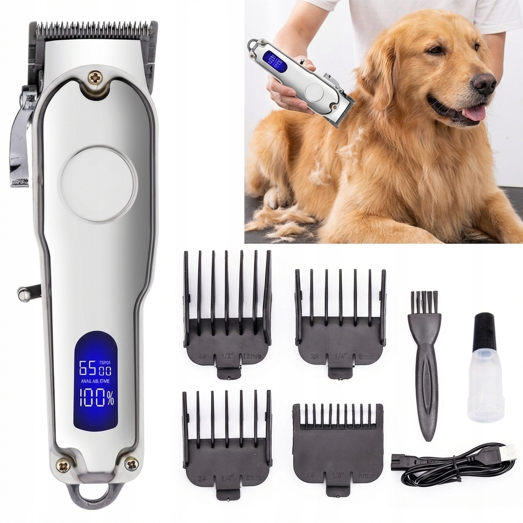 Levně Profesionální celokovový stříhací strojek na psy a kočky, LCD displej, IPX6