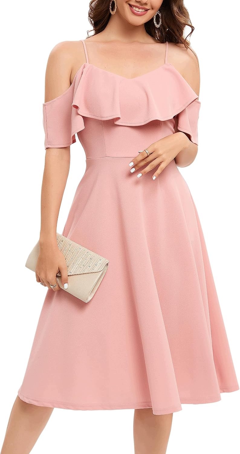 Šaty Večerní koktejlová sukně Midi Falbany Off-Shoulder Růžová 3XL
