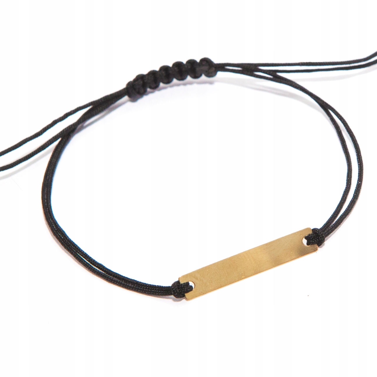 Zlatý náramek na provázku, plechová destička s možností gravírování, zlato 585, černá