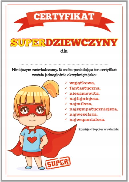 

Dyplom dla dziewczynki na Dzień Kobiet Certyfikat