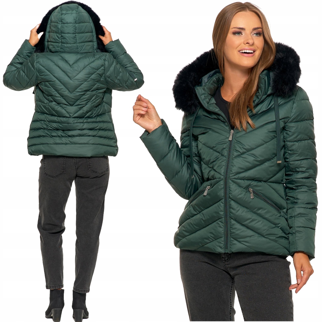 Kurtka Zimowa Pikowana Damska Z Kapturem Odpinanym Ciepła Zielona Moraj S