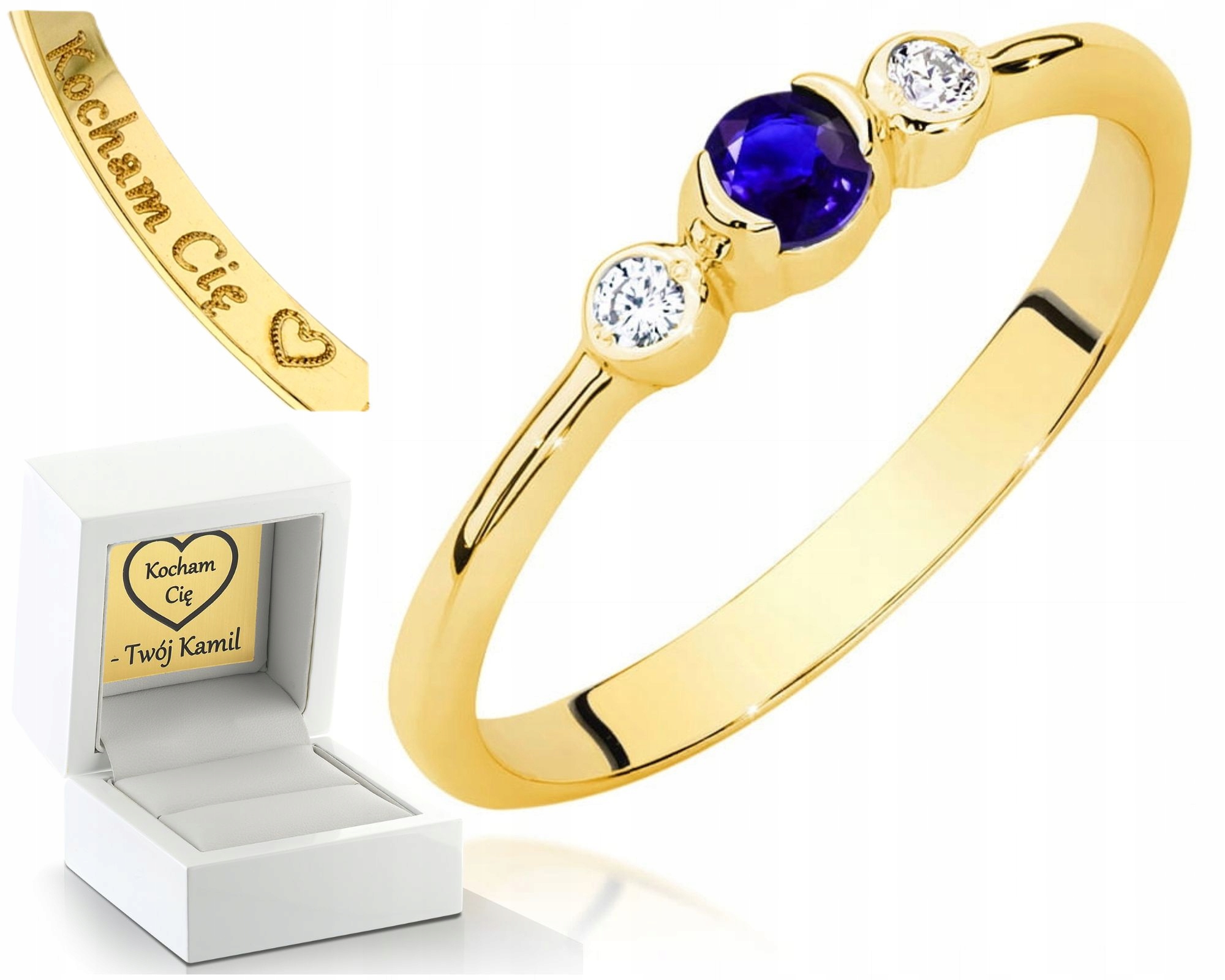 Zlatý Prstýnek Prsten Se Safíry A Diamanty, Gravírování Do Žlutého Zlata