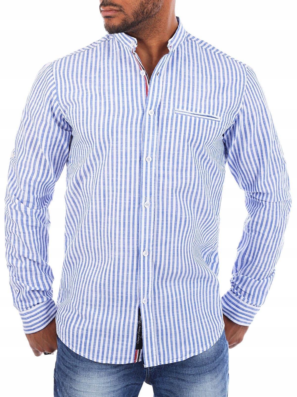 PRZEWIEWNA KOSZULA MĘSKA LNIANA LEN NIEBIESKIE PASKI - M