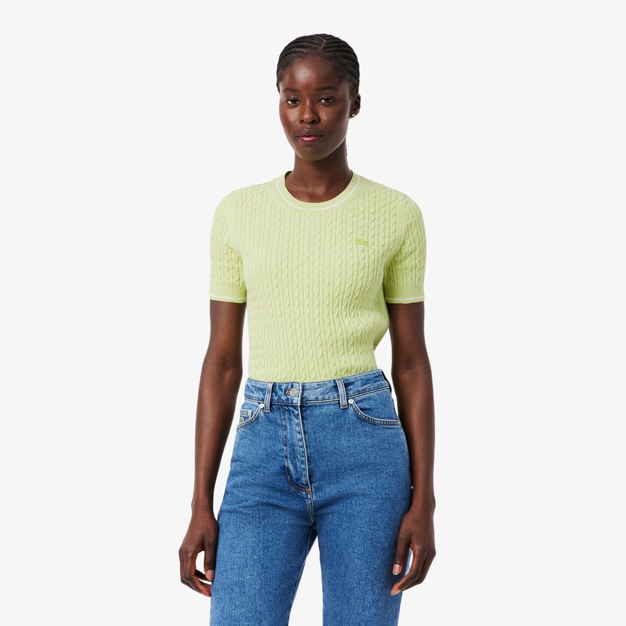 Lacoste Dámský svetr s krátkým rukávem Cable Knit Green 34