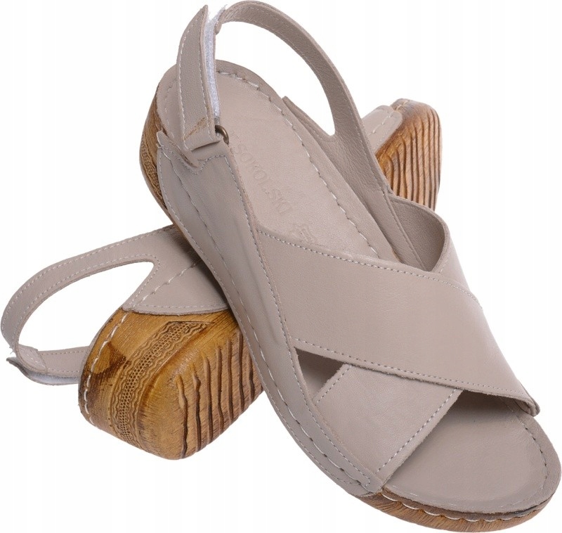 

Sandały Damskie Skóra Miękkie Na Koturnie beż 39