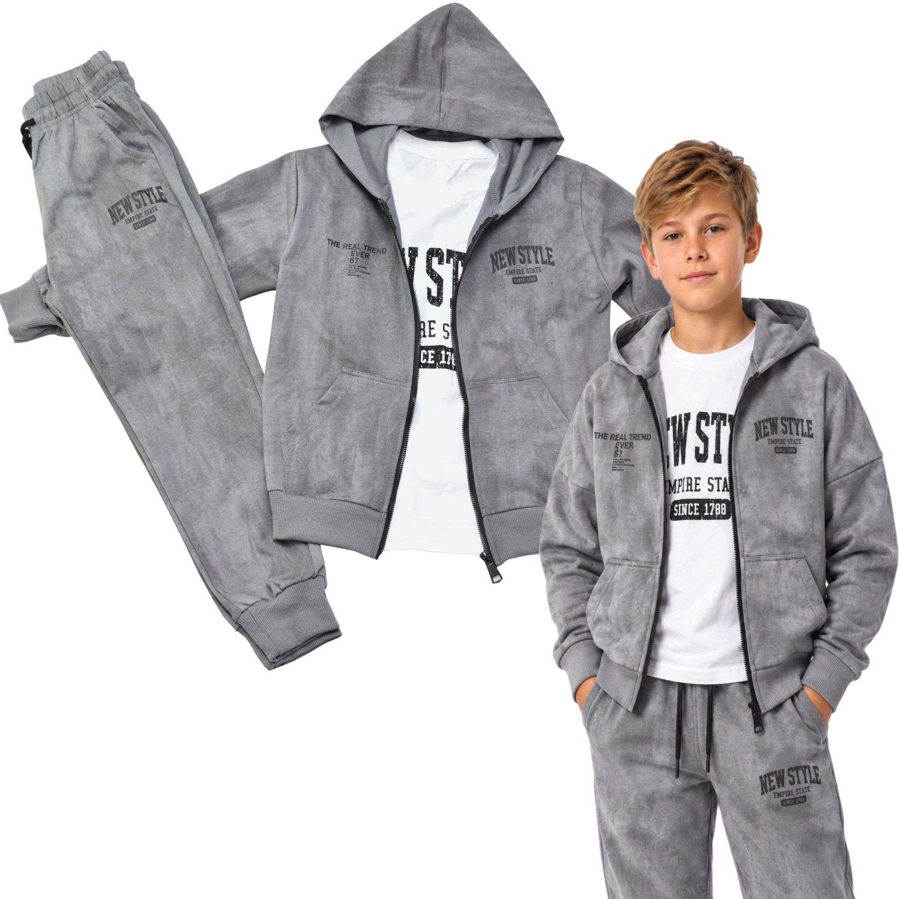 Dres Chłopięcy 3 Częściowy Bluza Spodnie T-shirt Szary Komplet Roz 152/158