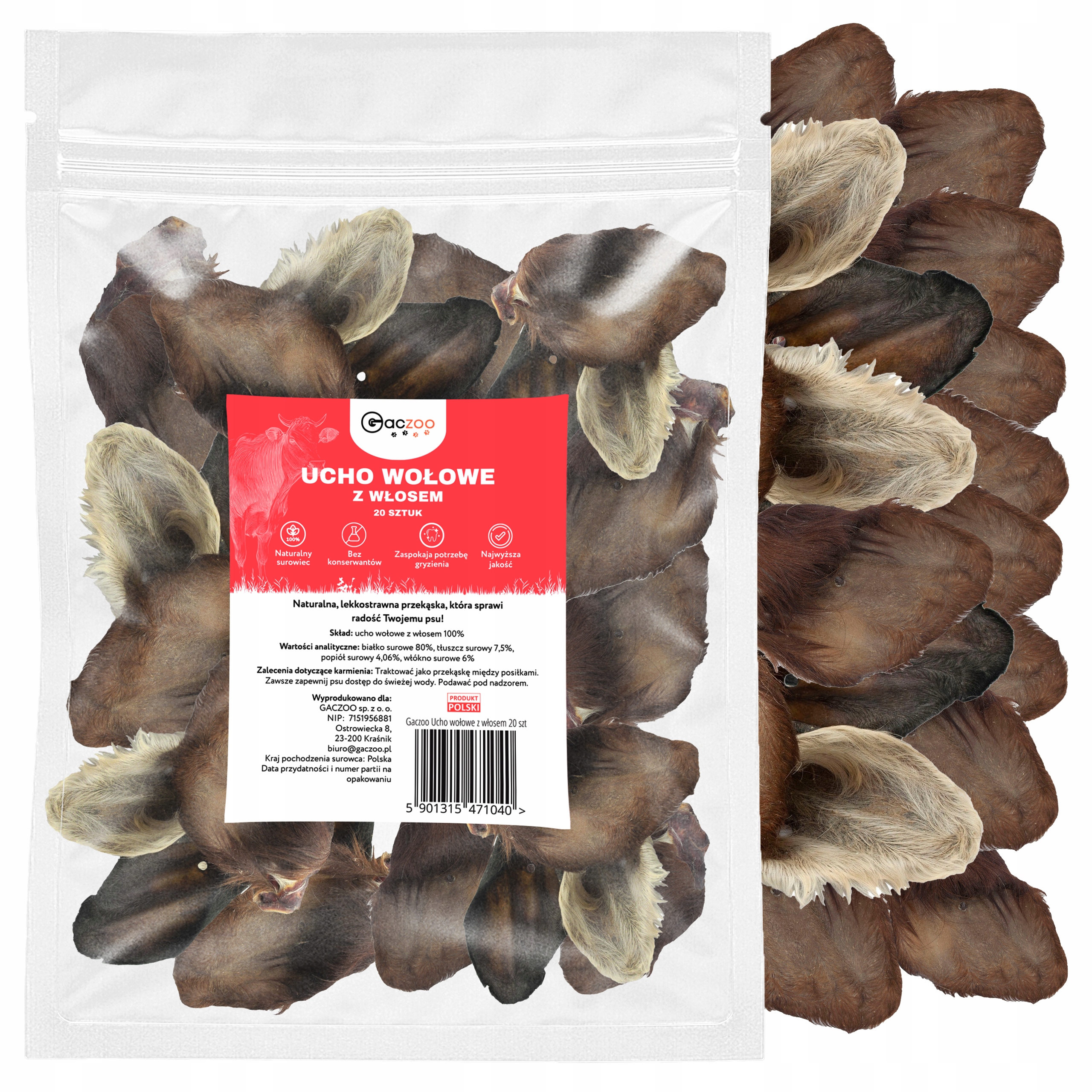 Levně Psí pamlsek Hovězí ucho s chlupy 20 ks Gaczoo přírodní kousátko